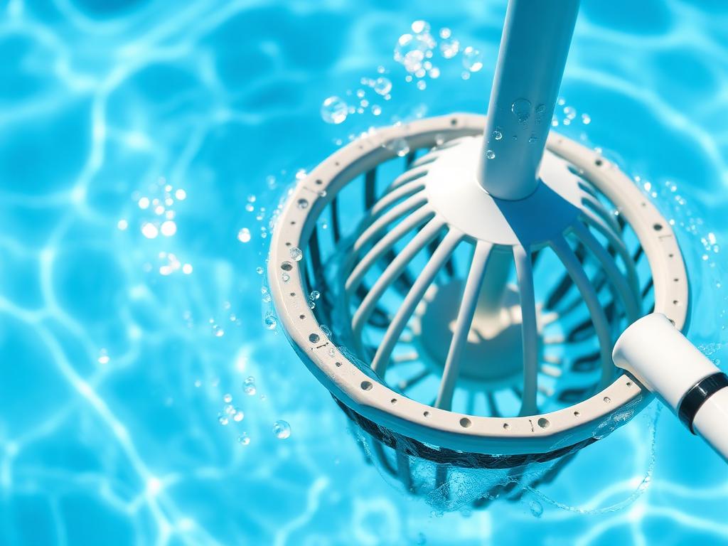 Pool skimmer net gliding through clear blue pool water